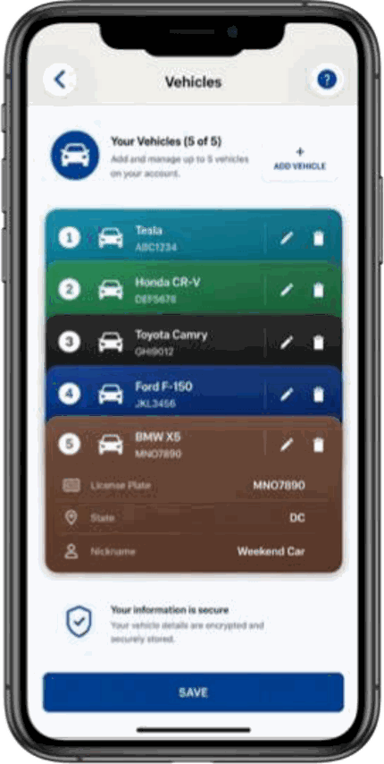 Pantalla de vehículos de la app de PANGO